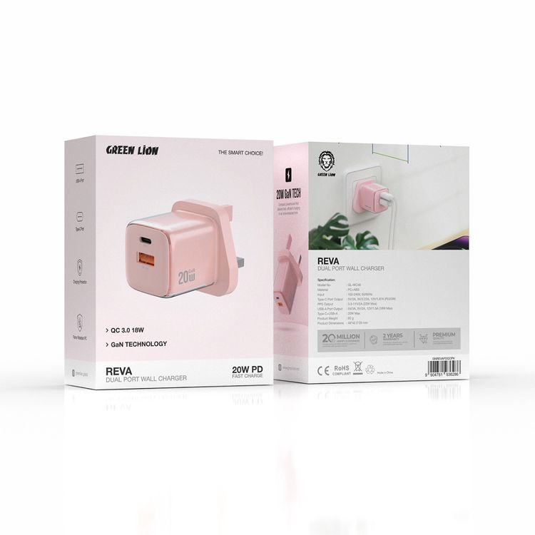 Green Lion Reva Dual Port Wall Charger with Fast Charge Support, 20W Power Delivery, 18W USB-A Output, Flame-Retardant Material, Multi-Device Charging, Built-in Safeguard - Pink