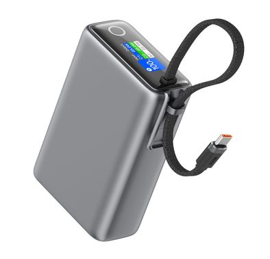 بنك الطاقة جرين ليون ترون X بسعة 20000 مللي أمبير مع شاشة طاقة ذكية، منافذ USB-C وUSB-A، معتمد للطيران، كابل USB-C مدمج، يدعم الشحن السريع - رمادي