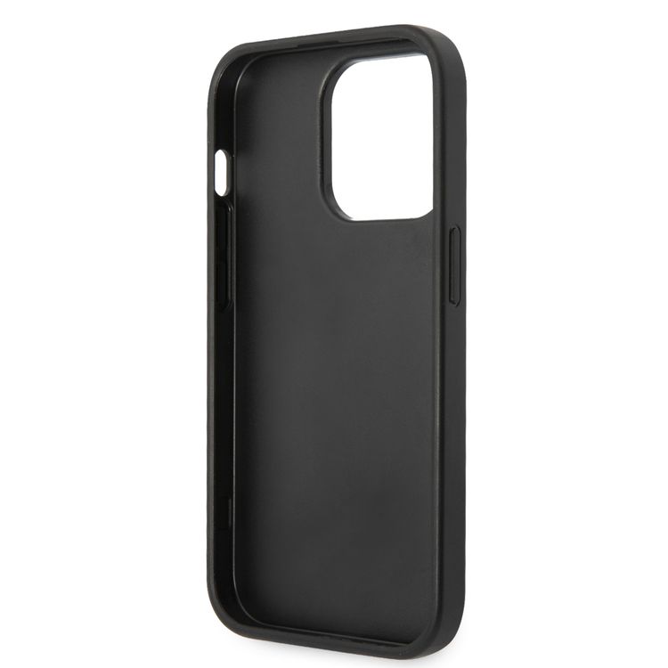 Guess PU Leather Saffiano Case with Metal Logo & Hot Stamp Stripes iPhone 14 Pro Compatibility - Black