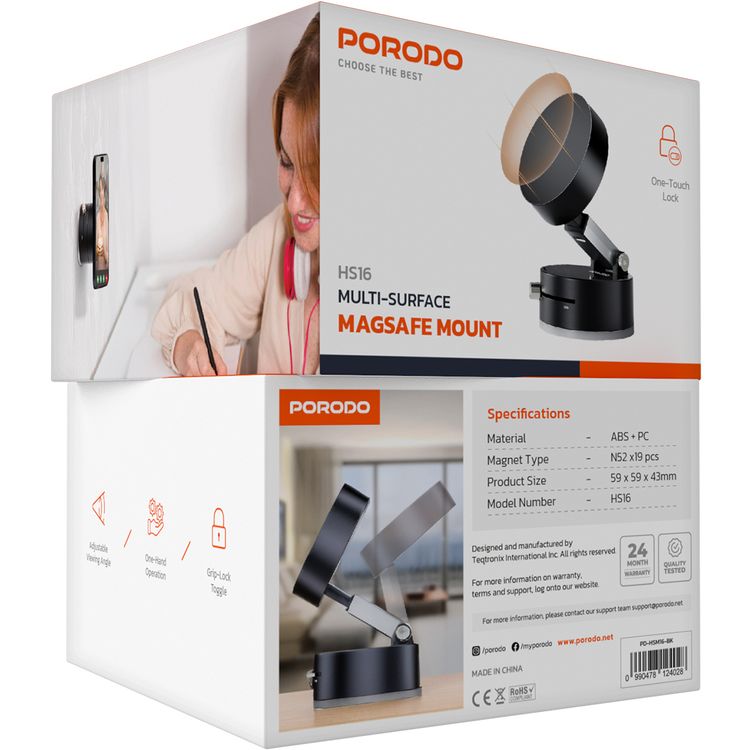 Porodo Multi-Surface Magsafe Mount with Adjustable Viewing Angle, N52 Magnet, One-Hand Operation, Grip-Lock Toggle & One-Touch Lock - Black