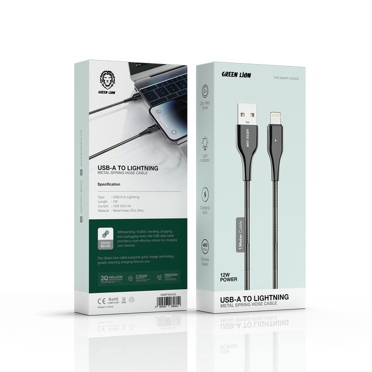 Green Lion Metal Spring Hose Cable USB-A To Lightning with 12W Power Delivery, 1m Cable Lenght, Metal Hose + Zinc Material - Silver