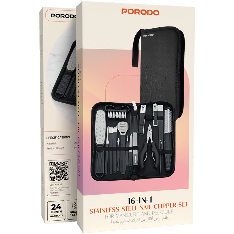 Porodo 16-in-1  Portable Nail Clipper Set for Manicure and Pedicure with High-Precision Tools, Portable and Lightweight, Multi-Use Functionality, Ergonomic Design - Black
