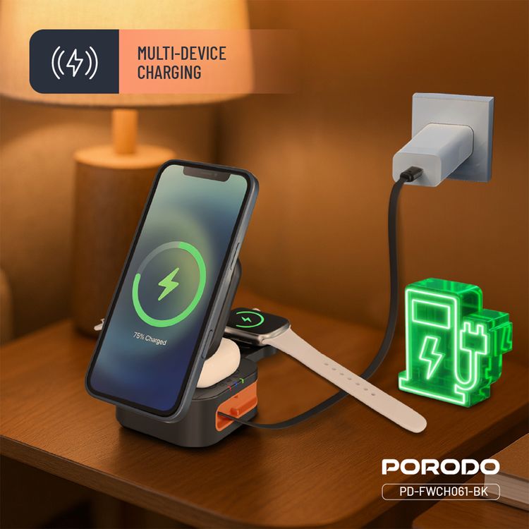 Porodo Pocket-Sized Folding Wireless Charger with 15W Wireless Output, Built-in Charging Cable, 3W Earbuds Output, Multi-Device Charging, 2.5W Apple Watch Output - Black