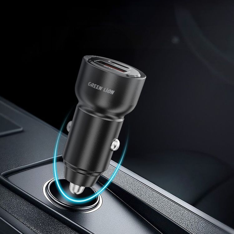 Green Lion Roadvolt Dual Port Car Charger with USB-C to Lightning Cable, 60W Total Output, USB-C & USB-A Ports, Compact Design, Charging Protection & Multi-Device Charging - Black
