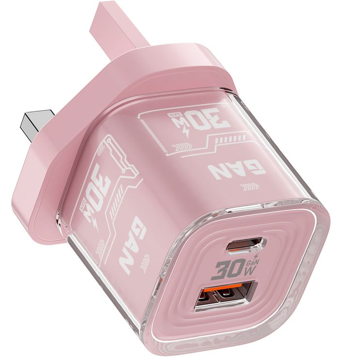 Porodo TEZCLARTÉ Quick Wall Charger with Dual Port Fast Charging, Flame Retardant Housing, Transparent Design, PD 30W USB-C Output, QC 20W USB-A Output - Pink