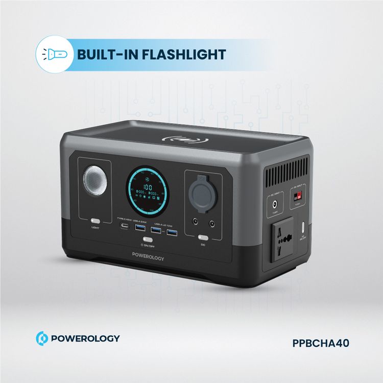  Powerology 76800mAh 300W Solar Input Portable Power Generator, 45W PD, 100W Solar Input, 15W Wireless Charger Output, 8A Car Power Output - Black