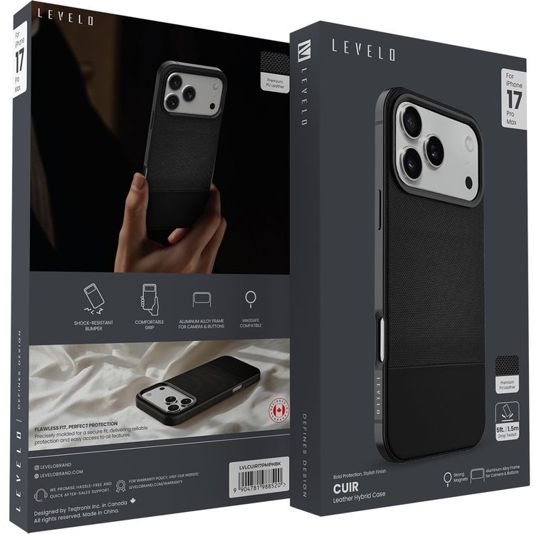 Levelo Cuir Leather Hybrid Case with Comfortable Grip for iPhone 17 Pro Max, Strong Magnets & MagSafe Compatible, Shock-Resistant Bumper, Aluminum Alloy Frame for Camera & Buttons, Drop-Tested - Phantom Black
