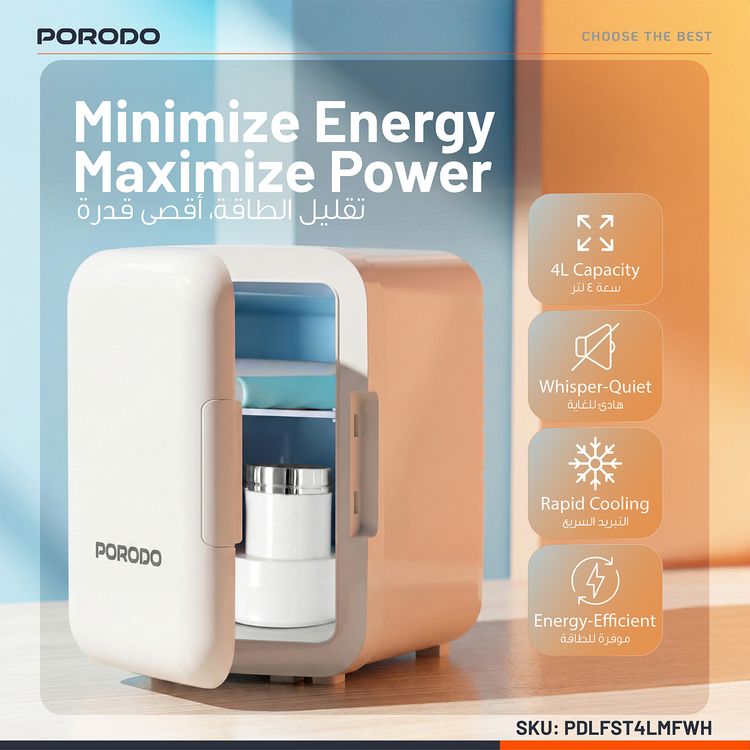 ثلاجة مستحضرات التجميل ميني Ecochill من Porodo Lifestyle بسعة 4 لتر، مصنوعة من مادة PP، بتصنيف طاقة 18-28 واط، تشغيل هادئ جداً، قوة تبريد سريعة - لون أبيض