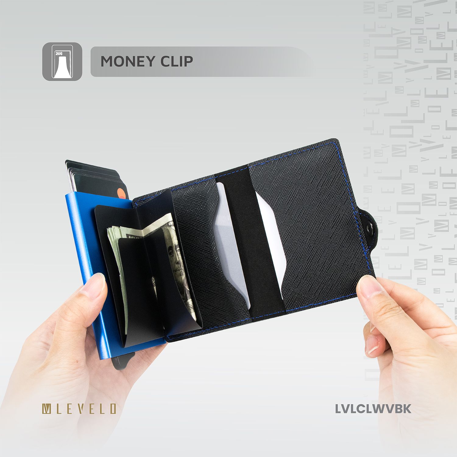 Levelo Cache Genuine Leather Wallet, Lightweight & Compact Design, Rfid Protection, 8 Card Slots, Money Clip, Coin Slot - Black