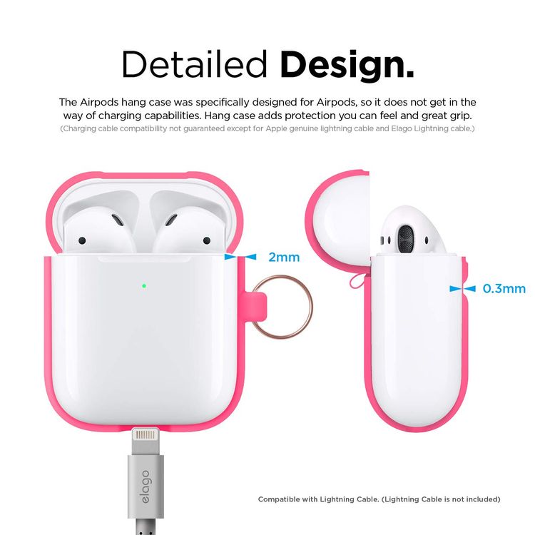 Elago Silicone Case with Anti-Lost Keychain Compatible with Apple AirPods 1/2 Wireless Charging Case, Front LED Visible, Anti-Slip Coating Inside, Premium Silicone - Neon Hot Pink