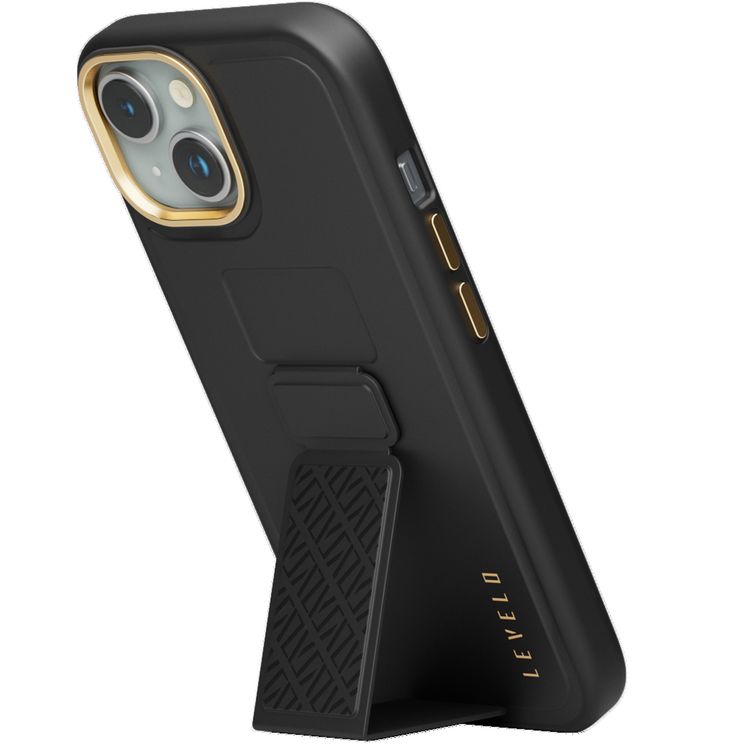 جراب Levelo Morphix Cuero Gripstand لهاتف iPhone 15 Plus، أوضاع متعددة، جلد PU، حواف مقاومة للصدمات - أسود