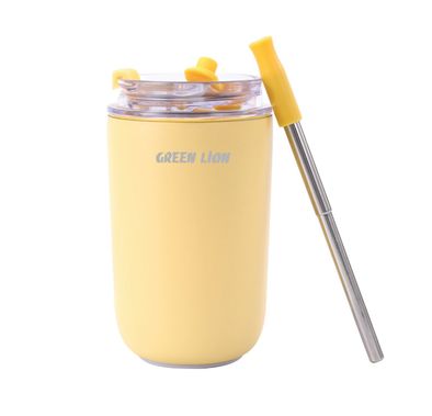 Green Lion Vacuum Travel Mug Lite, 280 mL Capacity, Keeping Hot for 6 Hours and Cold for 12 Hours, Food Grade Silicone Straw, Food Grade Stainless Steel Cup - Cream