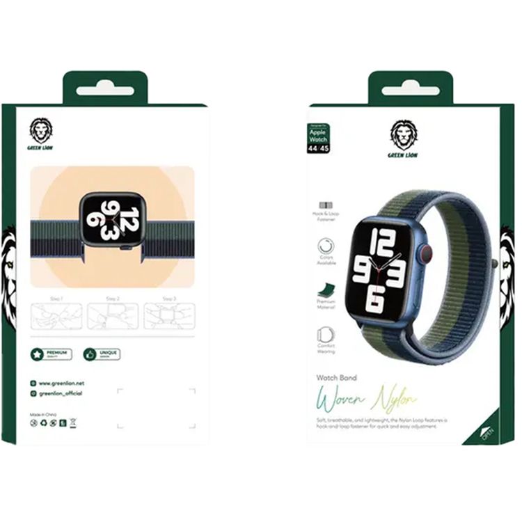 Green Lion Nylon Sport Loop Watch Strap for Apple Watch 44/45mm, Hook & Loop Fastener, Quick & Easy Adjustment, Comfortable Fit, Breathable & Lightweight - Dark Blue / Green
