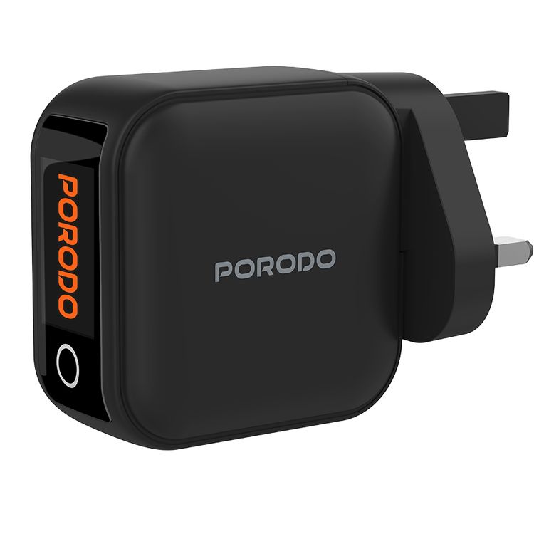 Porodo Nexora 3-Port 65W Wall Charger with Universal Compatibility, Multi-Device Charging, 65W Power Delivery, QC 30W - Black 