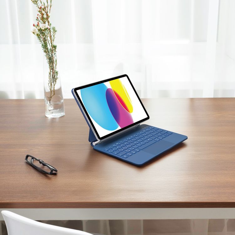 حافظة لوحة مفاتيح سحرية لاسلكية من جرين ليون لجهاز iPad الجيل العاشر، 11 بوصة A16 (2025)، بطارية بسعة 500 مللي أمبير، وظيفة إضاءة خلفية، منفذ شحن USB-C، 7 أوضاع إضاءة ملونة، حامل قلم، سطوع قابل للتعديل، لوحة مفاتيح بمفاتيح مقصية - باللون الأزرق