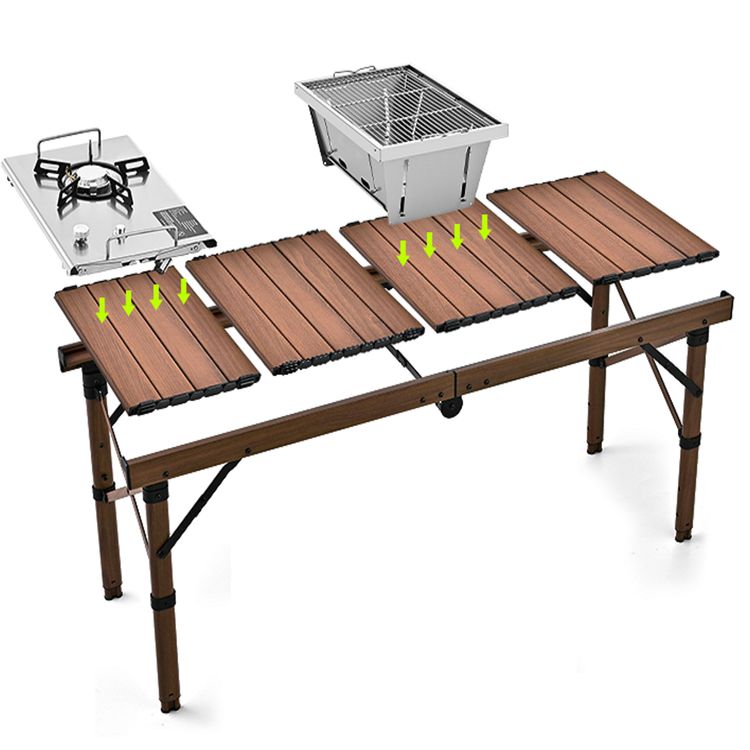 طاولة تخييم قابلة للطي محمولة من بورودو لايف ستايل مع موقد قابل للفصل وشبكة، سعة تحميل 150 كجم، نطاق ارتفاع من 45.5 إلى 58 سم، مادة الألومنيوم - بني