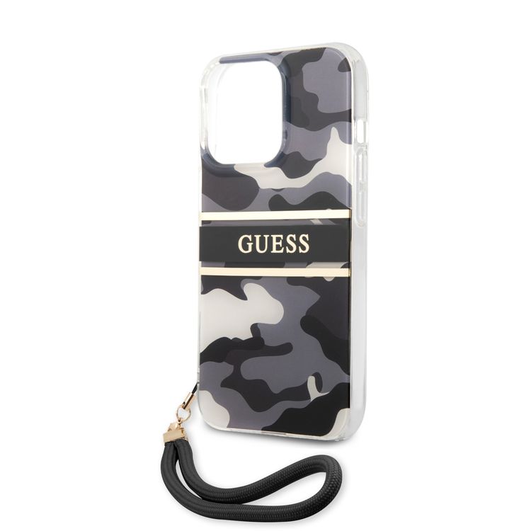 CG MOBILE Guess PC/TPU Case Camo Design & Stripe with Nylon Strap Compatible for iPhone 13 Pro Max (6.7") Back Cover Suitable with Wireless Charging Officially Licensed - Black
