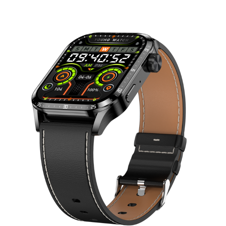 Porodo Lenox Smart Watch 1.91  Wide Touch Screen with Black Leather Strap - Black