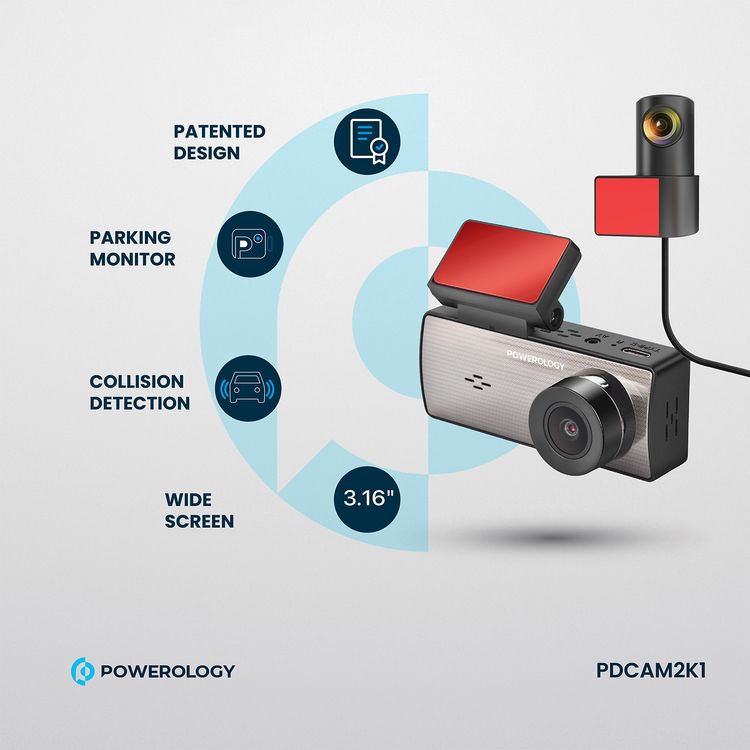 Powerology Dual Recording Dash Camera, Built-in Microphone & Speaker, 150° 4-Lane View, Collision Detection, 3.16" Wide Screen, Patented Design, Loop Recording, Parking Monitor, Type-C Charging Port, MP4 Video Format & JPG Photo Format - Black