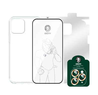 Green Lion 4 in 1 360° Protection Pack, Camera Lens Film + Shockproof Drop Case + Nano HD Protector + 3D Armor Edge Glass, for iPhone 12 Pro Max ( 6.7" ) Gold