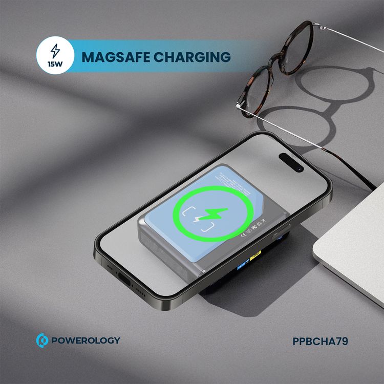 Powerology Ultra Mini 20000mAh Power Bank with Simultaneous Charging, Power Info Display, 100W Power Delivery, 15W Wireless Charging - Black