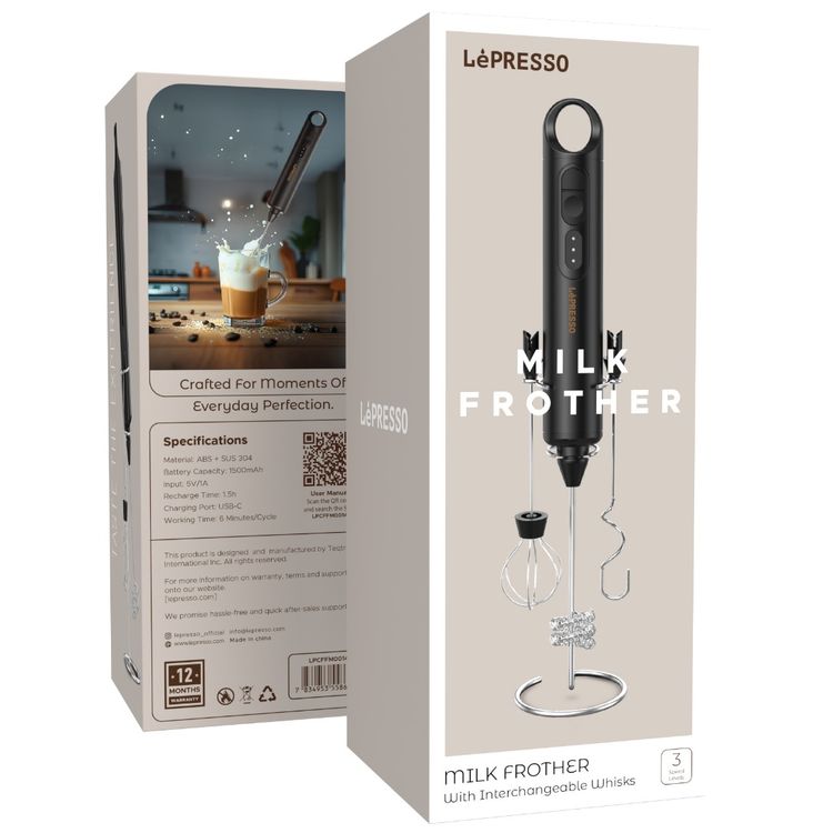 LePresso 3-in-1 Frother with Interchangeable Whisks, Type-C Charging Port, 1500mAh Battery Capacity, 6500RPM Motor Speed, 3 Speed Levels - Black