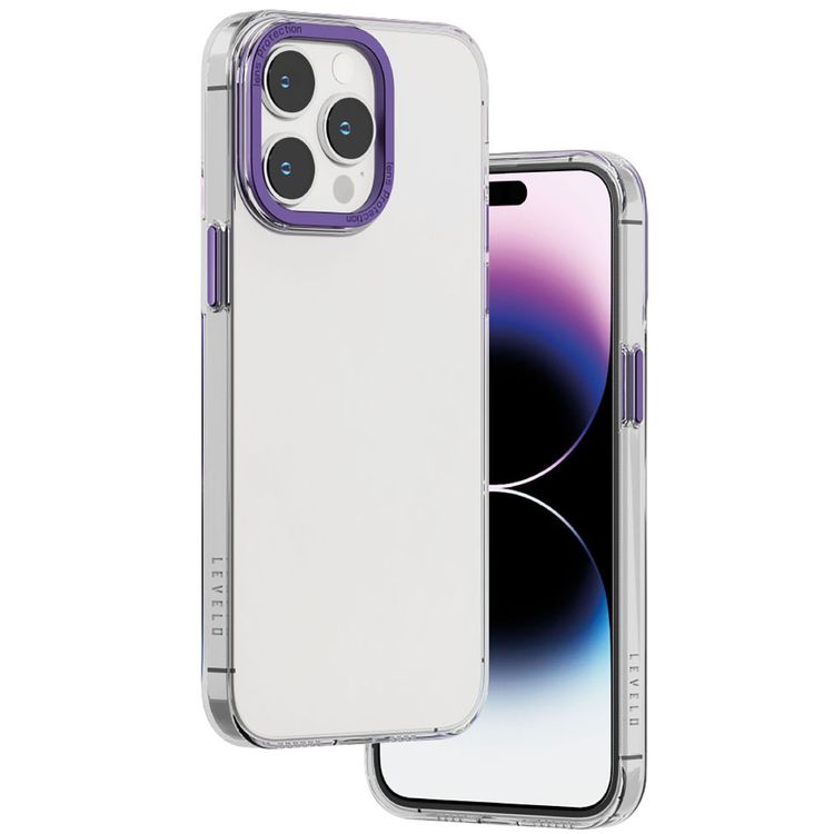 غطاء خلفي شفاف من Levelo Sensa لهاتف iPhone 14 Pro Max، حلقة كاميرا معدنية، حواف مقاومة للصدمات، شفاف للغاية، سهل التركيب - شفاف/أرجواني