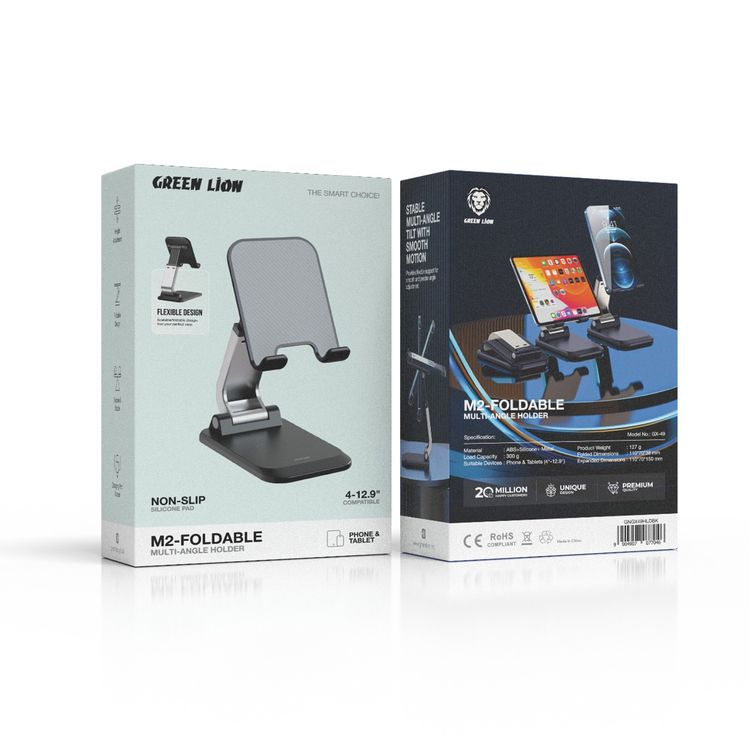 Green Lion M2-Foldable Multi-Angle Holder, 300g Load Capacity, Non-Slip Silicone Pad, Compatible with 4-12.9" Devices, Charging Port Access, Height Adjustment - Black