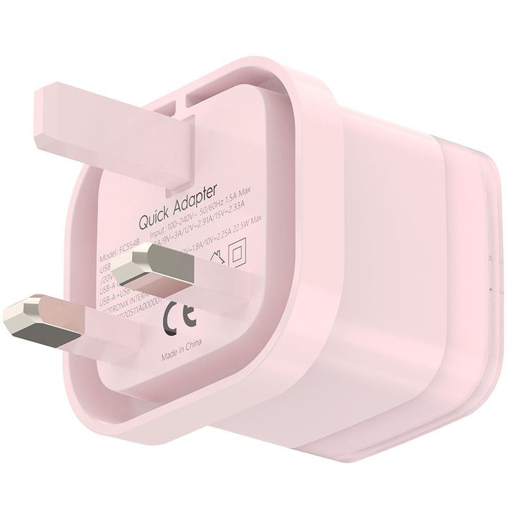 Powerology Lunex Dual-Port Fast Charging Adapter with USB-C & USB-A Ports, 35W Power Delivery, 22.5W USB-A Output, UK 3-Pin Plug, Universal Protocol Support, Multi-Device Charging - Pink