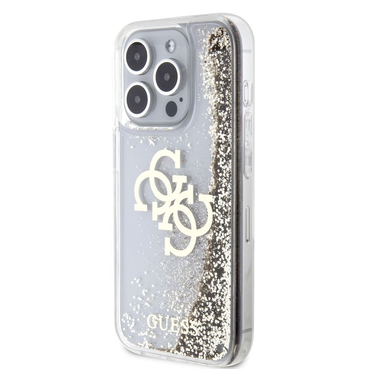 Guess Liquid Glitter Case with 4G Electroplated Logo - Gold - iPhone 15 Pro