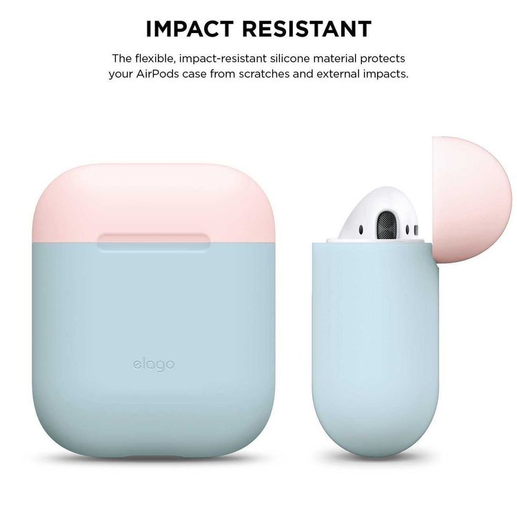 Elago Duo Case for Airpods, 3-in-1 Pastel Color, High Quality Silicone, Shock Resistant, Scratch Resistant, Supports Wireless Charging - Body-Pastel Blue / Top-Pink,White