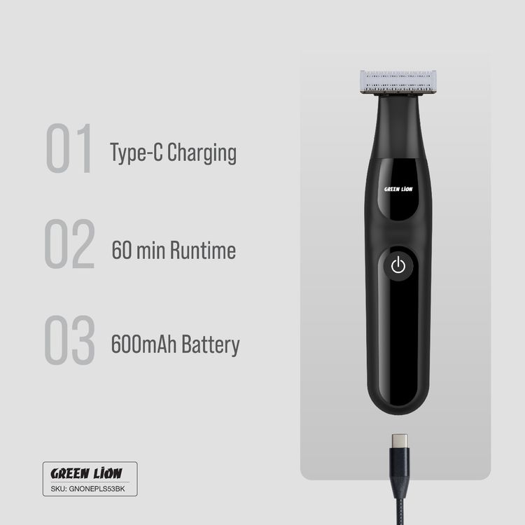 Green Lion One Blade Plus Trimmer with Detachable Heads, 1.5 Hours Working Time, 600mAh Battery, USB-C Charging Port, 5W Power, Nose, Eyebrow & Hair Trimmer - Black