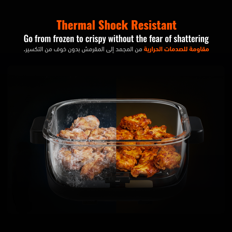 Porodo Lifestyle 4-in-1 Dual-Pot Glass Air Fryer for Bake, Crisp, Recrisp, Fry, 1.5L Small Pot Capacity, 4L Large Pot Capacity, UK 3-Pin Plug Power Cord, Health-Conscious Glass Design, Intelligent Pause Mode, 360° Turbo Heat Technology - Black