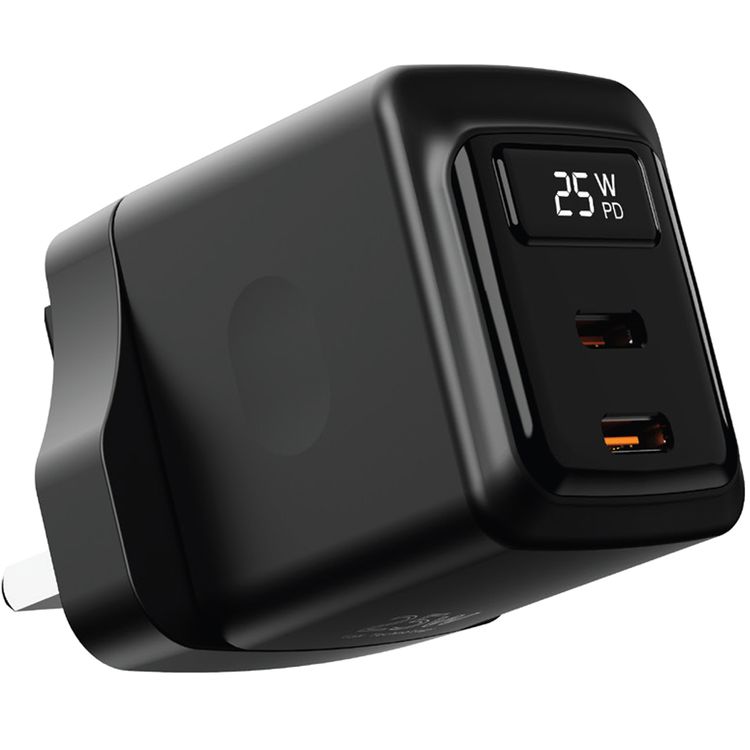 Porodo GaN Wall Charger with USB-C to USB-C Cable, Dual USB-C Ports, 25W Power Delivery, Built-in Safeguards, Fast Charge Support, Multiple Device Charging, Digital Display - Black