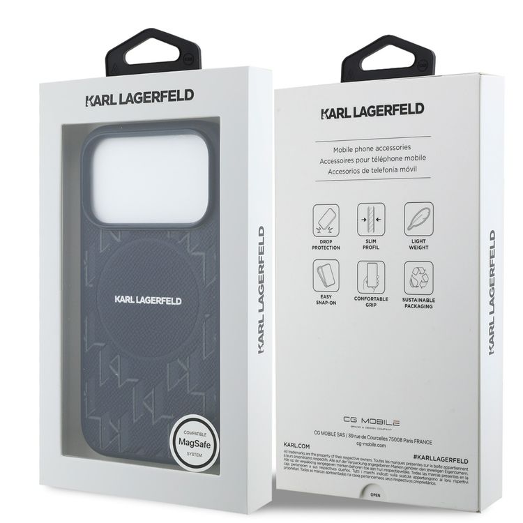 Karl Lagerfeld MagSafe Full Wrapped Leather Case with KL Monogram for iPhone 17 Pro, Slim Profile, Drop Protection, Lightweight, Comfortable Grip - Navy