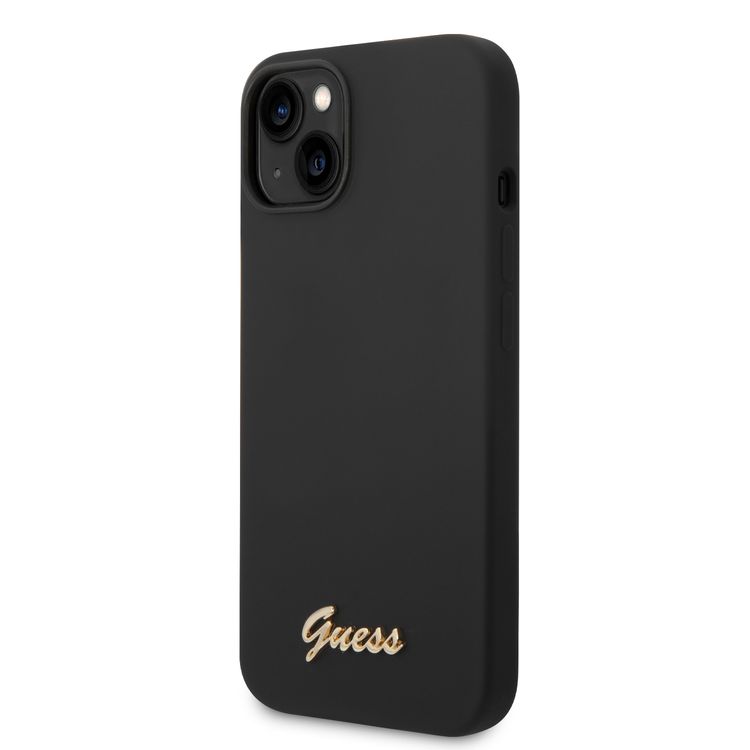 Guess Liquid Silicone Case With PC Camera Outline & Script Metal Logo - iPhone 14 - Black