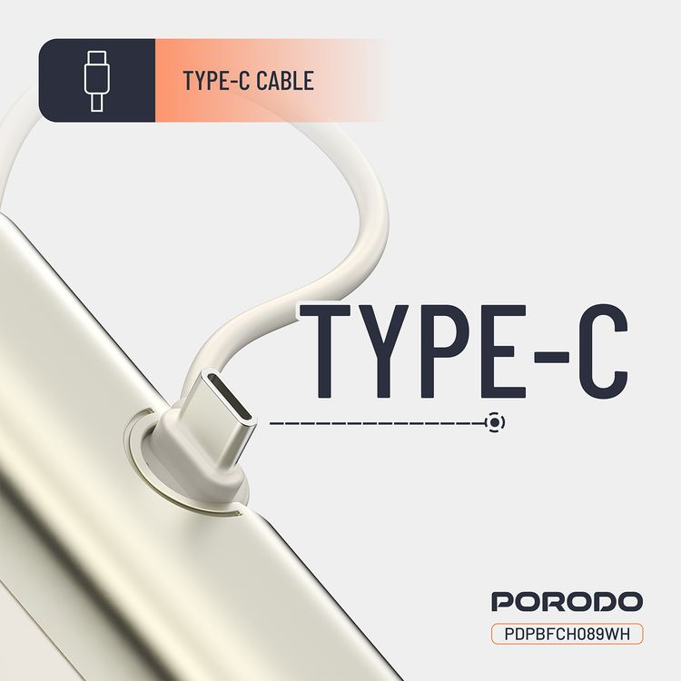 Porodo Pocket Volt 5000mAh Power Bank with Built-in Type-C Connector, 22.5W Power Delivery, Fast Charging Support, Compact Design, 15W Total Output - White