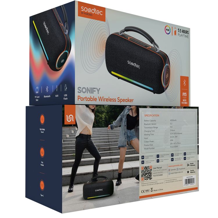 Porodo Soundtec Sonify Portable Wireless Speaker with Grip Handle, 4000mAh Battery, 30W Output Power, Bluetooth Version 5.3, USB-C Charging Interface, Up to 5.5 Hours Play Time, RGB Lights, High Fidelity Sound - Black