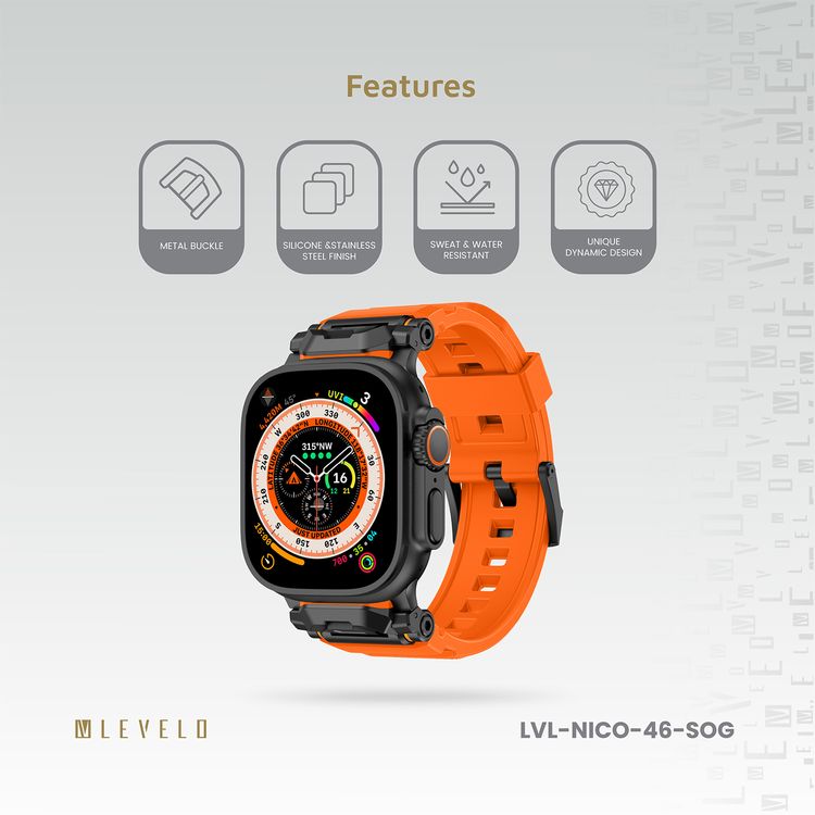 Levelo Nico Watch Strap for Apple Watch 49/46mm with Metal Buckle Closure, Compatible with SE Series 9, 8, 7, 6, 5, Silicone & Stainless Steel Finish, Lightweight & Flexible Fit, Sweat-Resistant & Water-Resistant, Hypoallergenic Material, Extended Band Interaction - Sunset Orange