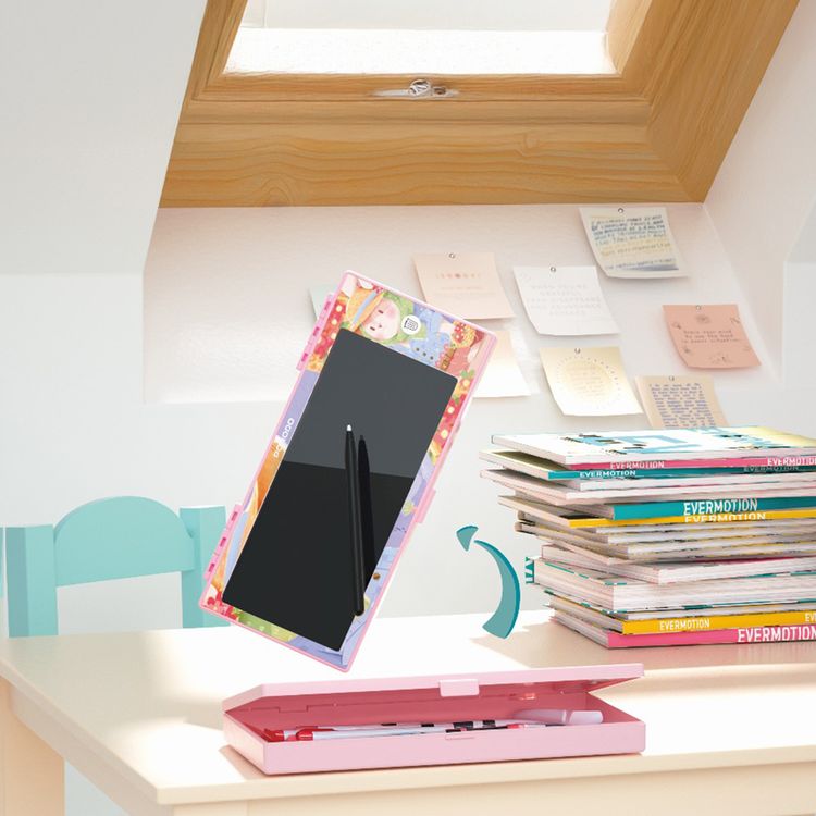 Porodo 2-in-1 Kids LCD Writing Tablet with Pencil Case, One-Key Screen Lock, Battery Case, Erasing Button - Pink