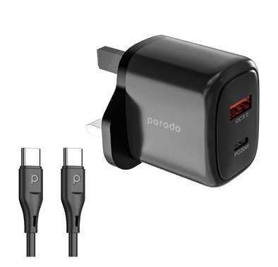 Porodo Dual Output Quick Charger USB-C PD and USB-A QC wi...