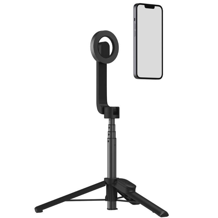 Porodo Magnetic Magsafe Selfie Tripod, 64.5cm Extendable, Bluetooth 5.0, Wireless Shutter, 16 Ring Magnets, 2Kg Weight Hold, Overhead Shotting, Light Weight & Small - Black