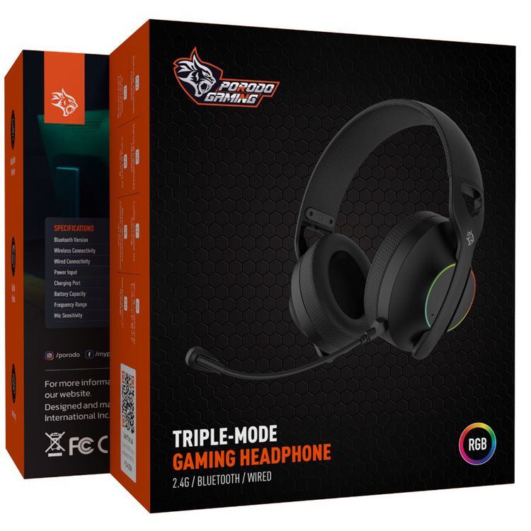 Porodo Gaming Triple-Mode Gaming Headphone with Noise-Canceling Microphone, 800mAh Battery Capacity, 2.4G & Bluetooth Wireless Connectivity, RGB Lights - Black