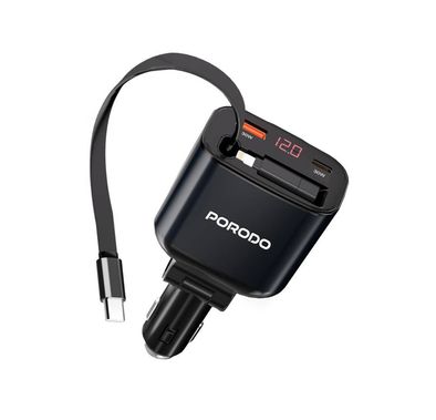 Porodo Dual Port & Connector Car Charger with Retractable Cable, 105W Total Output Power, Simultaneous Charging, USB-A & USB-C Ports, Type-C & Lightning Connectors, 80cm Cable Length, Digital Display, 27W Lightning Adapter, Universal Compatibility - Black