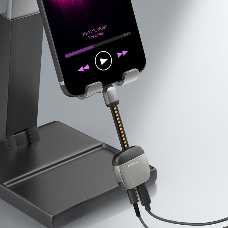 Porodo 2-in-1 Lightning to 3.5mm Aux Adapter with Wide Compatibility, Noise Reduction Audio Quality, PD 10W Charging Power, Hi-Fi Stereo Sound, 16bit/48kHz,  Aluminum Connector - Gray