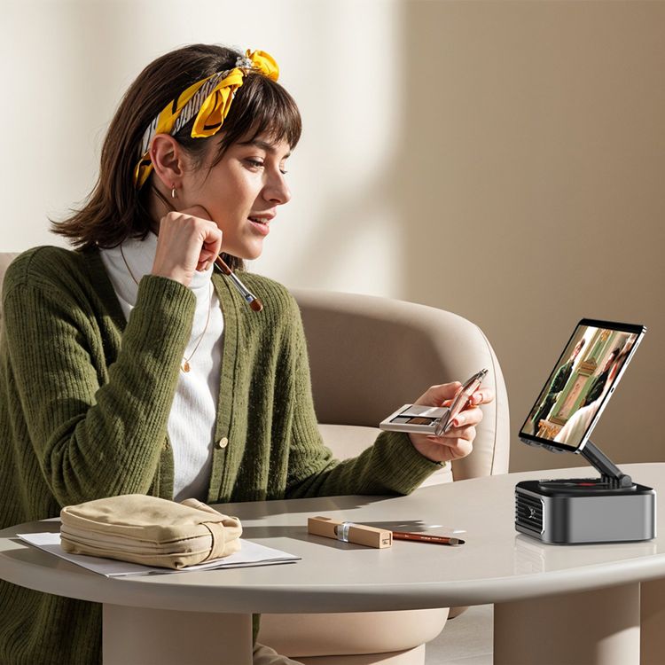 Porodo Multifunctional Tablet Speaker Stand with Power Bank, USB/TF Playback, 1200mAh Battery Capacity, Up to 3.5 Hours Playback Time, 5W Rated Power, 40mm Speaker Driver, USB-C Charging Interface, Bluetooth Version 5.0, 360° Rotation, Tilt & Rotate, Flexible Viewing Angle - Black