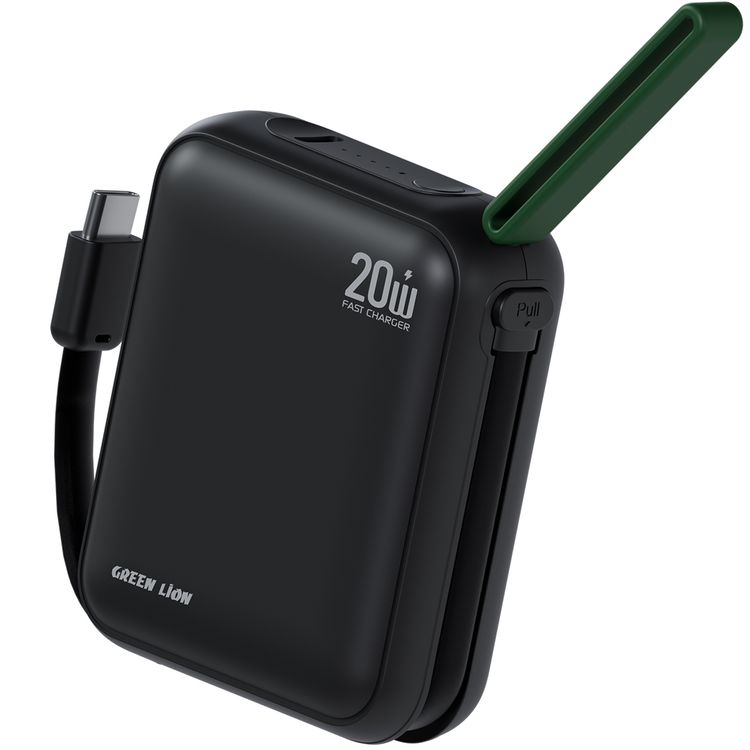 Green Lion Soho Power Bank 10000mAh with PD 20W Fast Charging, Flight Approved, Type-C Input/Output Port, LED Battery Indicator, Easy-Carry Lanyard, Detachable Type-C Cable, Safety Protections - Black
