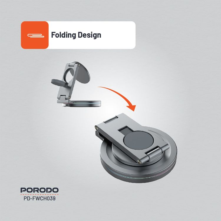 Porodo Rotating Base Three-Device Wireless Charger with 15W Wireless Output, Folding Design, Fast Charging, Type-C Input Interface, Lightweight & Portable - Gray