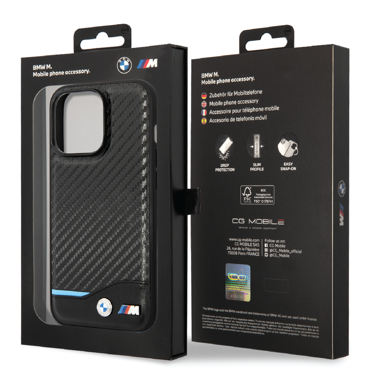 BMW M Collection Magsafe Compatibility PU Carbon Case with Bottom Horizontal Blue Line iPhone 14 Pro Max Compatibility - Black