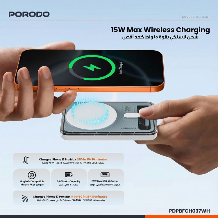 Porodo Sovo 10000mAh Power Bank with MagSafe Compatibility, Built-in Kickstand & LED Light, USB-C Input & Output Port, PD 20W Fast Charging, 15W Wireless Output, Compact Design - White